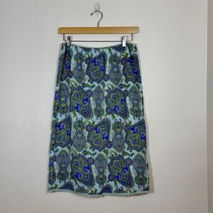 Vintage Y2K Jr-s.com Womens Skirt 9/10 Blue Paisley Stretch Waist Lace Trim